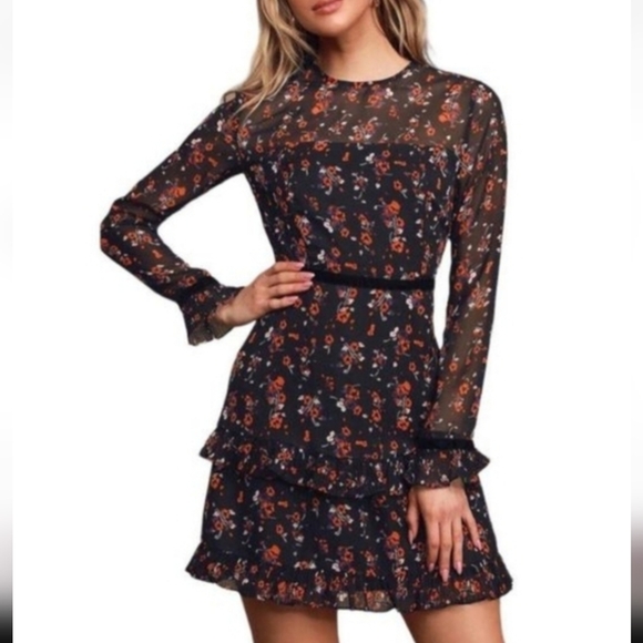 Lulus Dress Floral Black Long Sleeve Mini Sheer Pleated Ruffle A Line Sz M - Picture 3 of 16